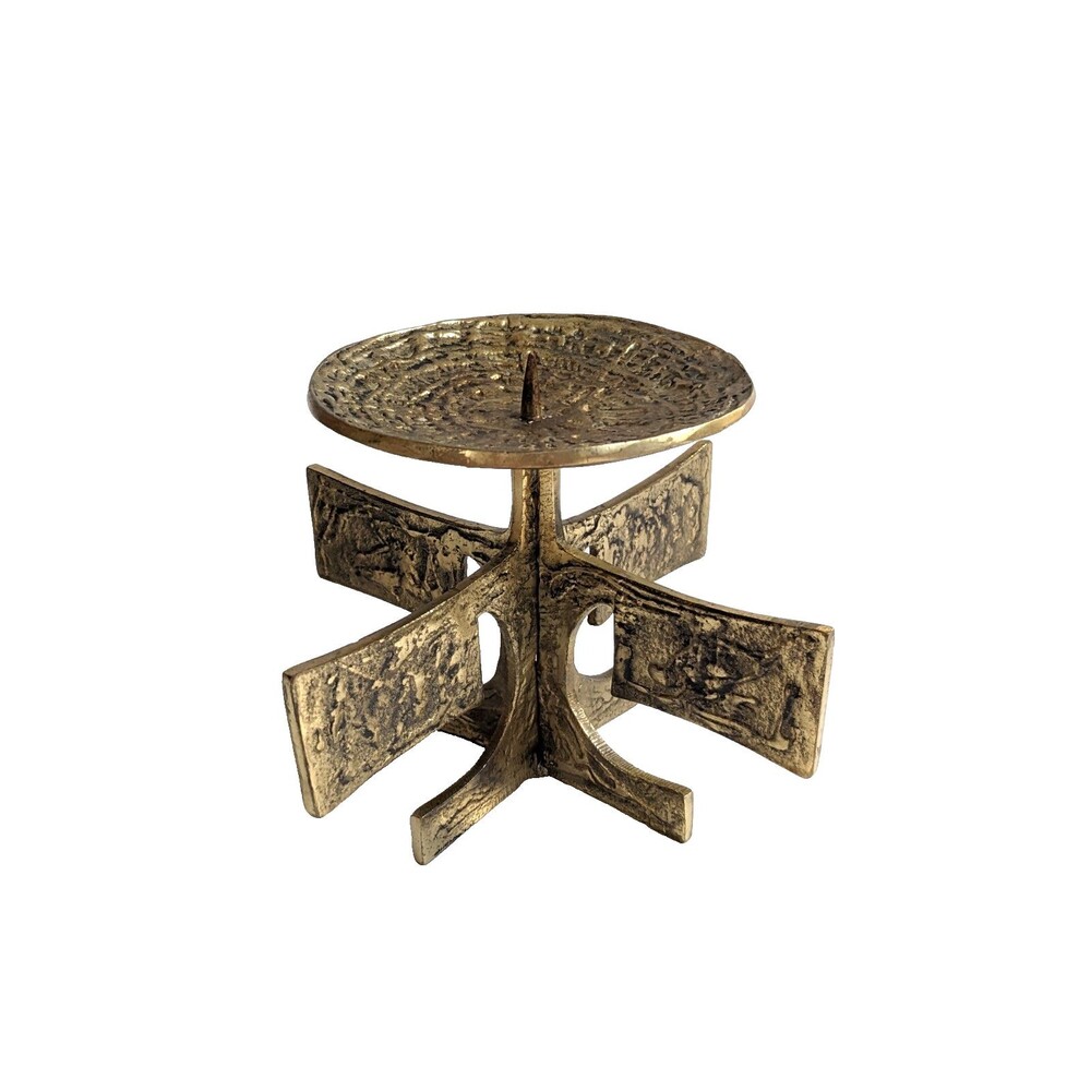 Vintage Mid Century Brutalist Brass Pillar Candle Holder Sculptural Metal Art